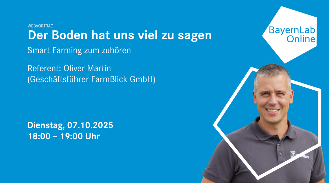 Blaue Grafik mit Informationen in weißer Schrift zum Webvortrag, die Informationen sind auch im Fließtext. Rechts oben in blauer Schrift 